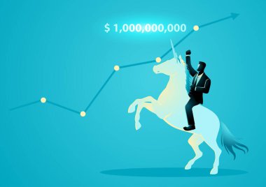 Tek boynuzlu ata binen bir işadamının vektör çizimi. Tekboynuz terimi 1 milyar dolardan fazla değeri olan şirketler içindir. 