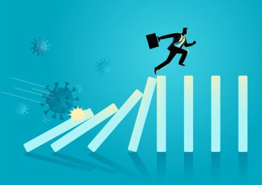 Salgının neden olduğu domino etkisinden kaçmak için koşan bir işadamının iş konsepti çizimi