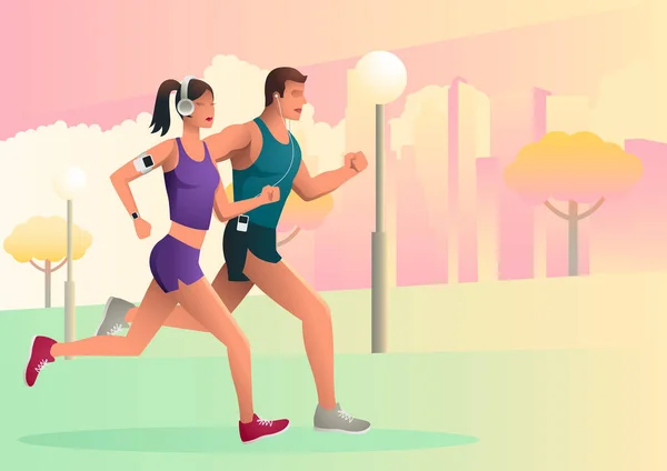 Coppia Jogging Corsa All Aperto Nel Parco Stile Illustrazione Vettoriale — Vettoriale Stock
