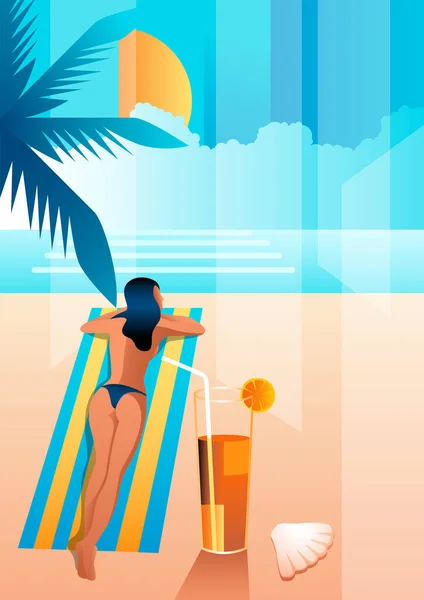 Art Déco Illustration Einer Frau Beim Sonnenbaden Für Entspannung Freizeit — Stockvektor