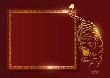 Dekoratif altın çerçeve, oryantal süs ve altın kaplan çizgisi sanatı, Çin Yeni Yıl tebrik kartı teması