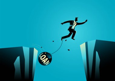 İşadamı demir topa, meydan okumaya, engele, iş konseptinde kararlılığa zincirlenmiş ayaklarla vadiden atlıyor.