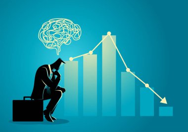 İş adamı, kafası karışmış bir şekilde çantasında oturuyor.