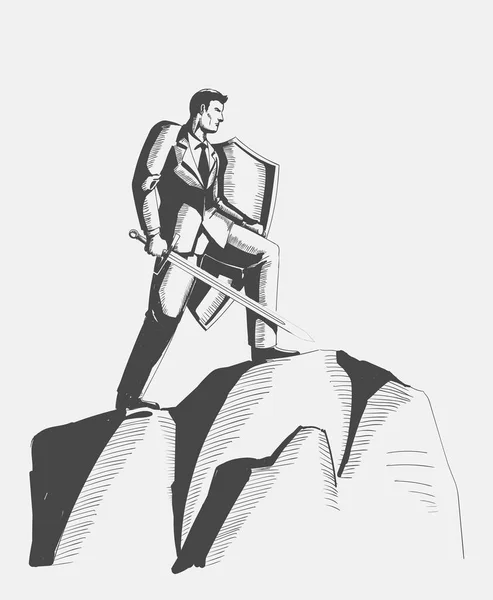 一个乐观的商人拿着剑和盾牌站在山顶上的商业概念草图 商业概念的准备 — 图库矢量图片