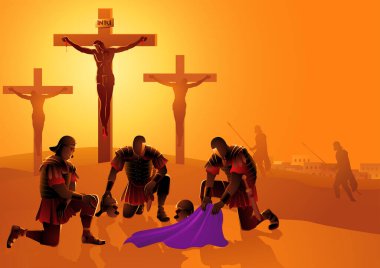 İncil 'deki illüstrasyon dizisi, Romalı askerler İsa' nın kıyafetleri için kumar oynuyor.