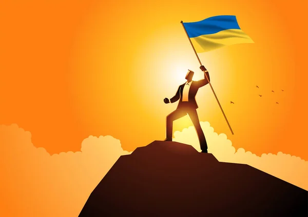 Ilustración Vectorial Hombre Pie Optimista Una Montaña Con Bandera Ucrania — Vector de stock
