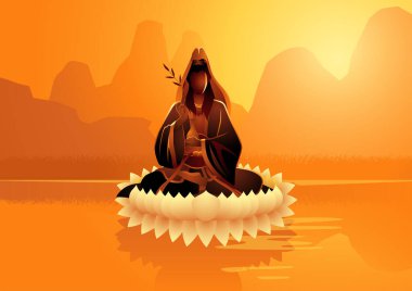 Guanyin 'in nilüfer çiçeği üzerindeki vektör illüstrasyonu, Guanyin Çin' in Şefkat, Merhamet ve İyilik tanrıçasıdır, bir ana tanrıça ve denizcilerin koruyucusu olarak kabul edilir.
