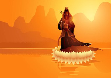 Guanyin 'in nilüfer çiçeği üzerindeki vektör illüstrasyonu, Guanyin Çin' in Şefkat, Merhamet ve İyilik tanrıçasıdır, bir ana tanrıça ve denizcilerin koruyucusu olarak kabul edilir.