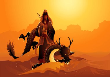Guanyin 'in ejderhanın tepesinde durmasının vektör illüstrasyonu, Guanyin Çinli Şefkat, Merhamet ve Nezaket tanrıçası, bir ana tanrıça ve denizcilerin koruyucusu olarak kabul edilir.