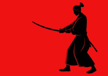 Simple flat vector illustration of a Samurai on red background clipart
