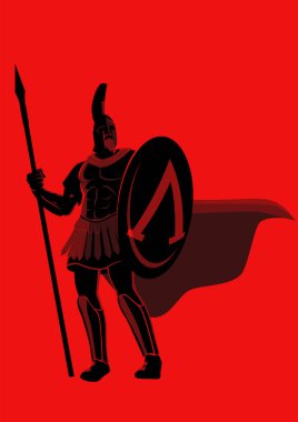 Başlık ve kırmızı pelerin giyen Spartalı savaşçının basit düz vektör çizimi, Leonidas 'ın fantezi çizimi.