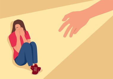 Simple flat vector illustration of Human hand helps a depression young woman sits on floor