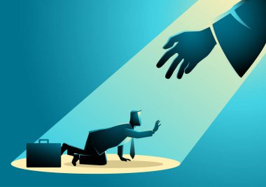 Bir iş adamının emeklediği ve ışıktan bir elin ona uzandığı görüntüsü.