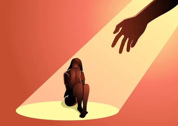 Human Hand Helps Sad Woman Sitting Floor Vector Illustration — стоковый вектор