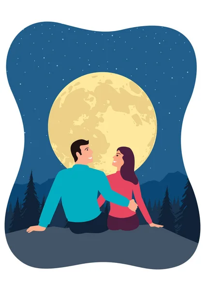 満月の間に崖の端に座っているカップルのシンプルなフラットベクトルイラスト — ストックベクタ