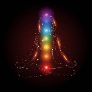 Nilüfer pozisyonunda meditasyon yapan kadın figürünün parçacıkları. Renkli 7 çakra ve aura parıltısı, vektör illüstrasyonu.