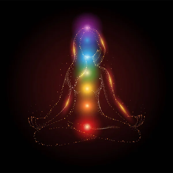 Particules Silhouette Féminine Méditant Position Lotus Avec Chakras Colorés Aura — Image vectorielle