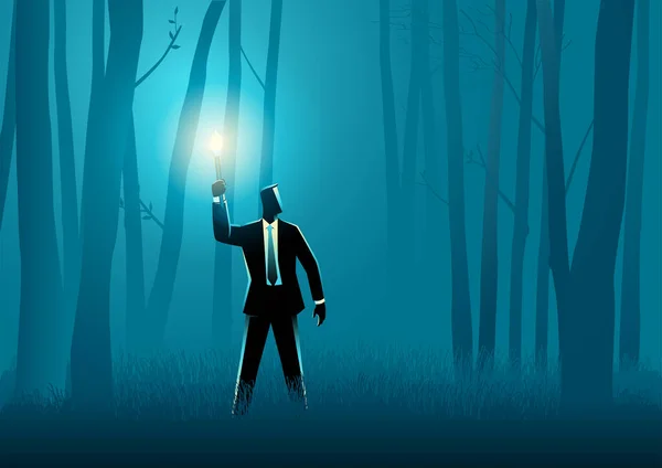 暗い森の中をトーチで歩くビジネスマンのビジネスコンセプトイラスト — ストックベクタ