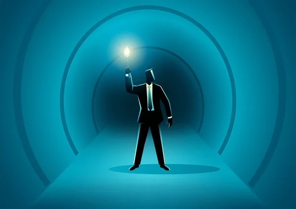 Business Concept Businessman Walking Dark Tunnel Holding Torch Vector Illustration — Stock Vector