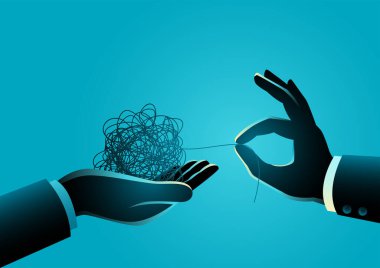 Bir el birbirine dolanmış bir iplik verir ve diğer el onu çözmeye çalışır, koçluk için metafor, iş hayatında çözüm vermeye yardım etmek.