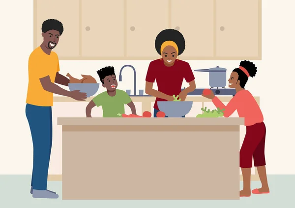 简单的平面矢量图解快乐的黑人家庭在家里快乐地一起做饭 — 图库矢量图片