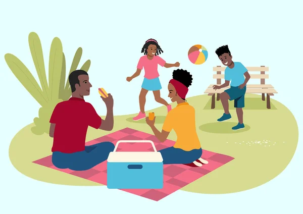 Piknikteki Mutlu Siyah Ailenin Basit Düz Vektör Çizimi — Stok Vektör