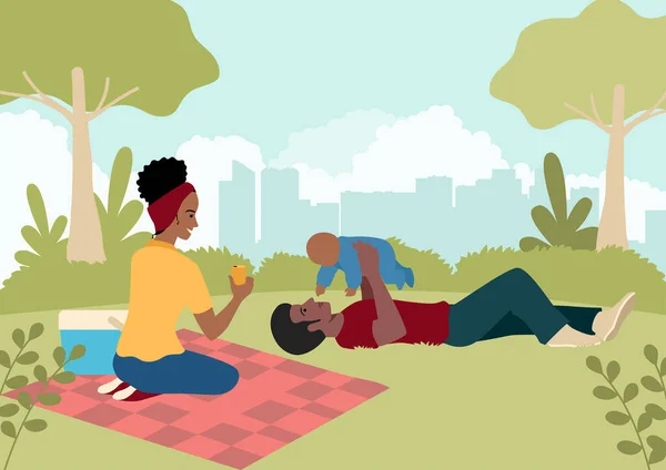 Ilustración Simple Vector Plano Feliz Familia Negra Jugando Con Bebé — Vector de stock