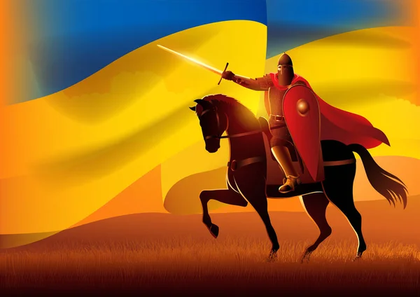 Ilustración Vectorial Del Caballero Eslavo Medieval Caballo Con Bandera Ucrania — Vector de stock