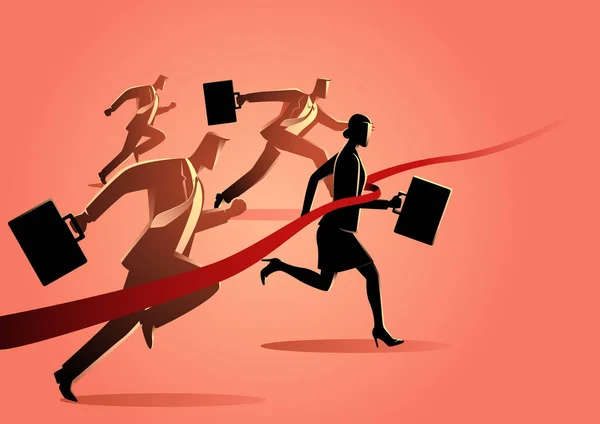 Vector Illustration Businesswoman Crossing Finish Line Race Businessmen — Stock Vector