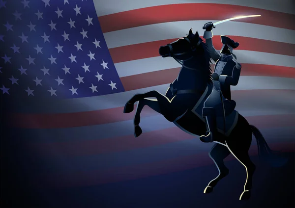 Revolutionary Commander Figure Horseback United States America Flag Background Blank — Image vectorielle