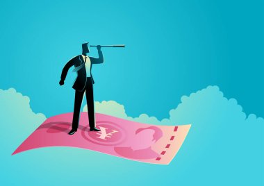Uçan Yuan banknotlarında teleskop kullanan bir işadamının iş konsepti çizimi