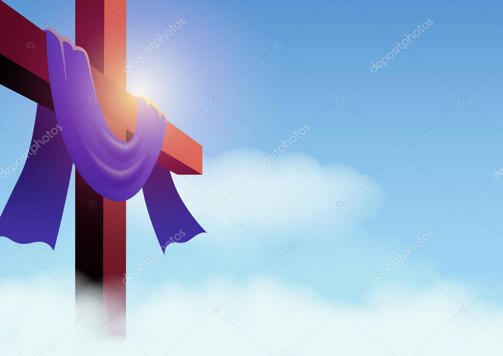 Vector illustration of a cross with purple sash on cloudscape, for good friday, resurrection, easter, christianity theme