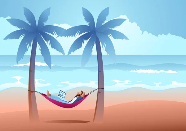 Человек Лежит Гамаке Качели Красивом Пляже Векторная Иллюстрация — стоковый вектор