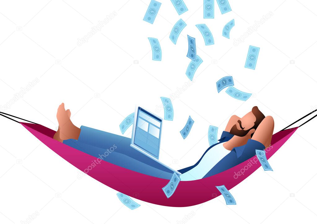 Man lying in a hammock swing with laptop computer, financial freedom, online trader, vector illustration