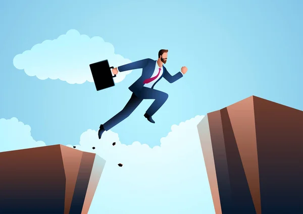 Vektor Illustration Eines Geschäftsmannes Springt Über Die Schlucht Herausforderung Hindernis — Stockvektor