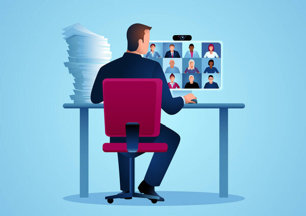 Business vector illustration of a businessman figure having video conference with group of people