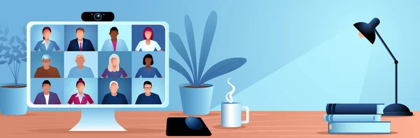 Illustrazione Vettoriale Videoconferenze Schermo Del Computer Gruppo Persone Che Parlano — Vettoriale Stock