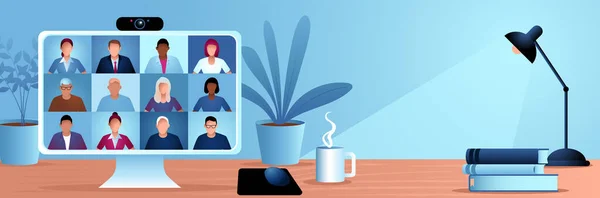 Videoconferentie Vector Illustratie Computerscherm Groep Mensen Die Internet Praten — Stockvector