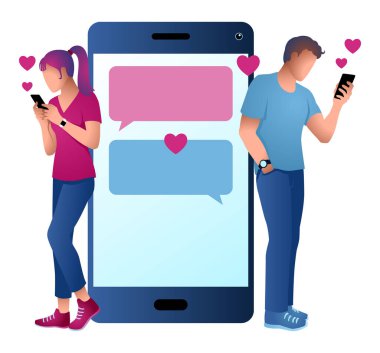 Kadın ve erkeğin cep telefonlarını kullanarak sohbet ve mesajlaşmalarının vektör çizimi