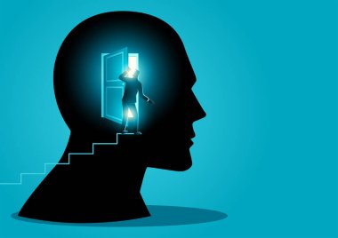 Merdivenlerdeki iş adamı insan beyninin parlak kapısına bakıyor. Hırs, hayal gücü, ilham konsepti.