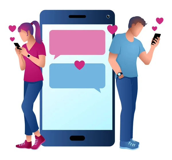 Vector Illustration Man Woman Chatting Messaging Using Mobile Phone — Vetor de Stock