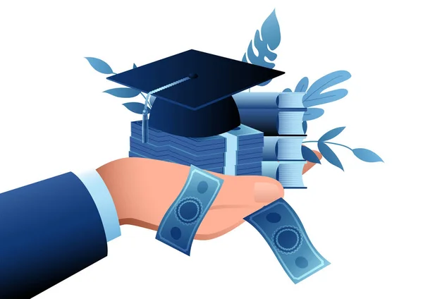 Hand Holding Money Stack Graduation Toga Hat Books Investment Education — Vetor de Stock