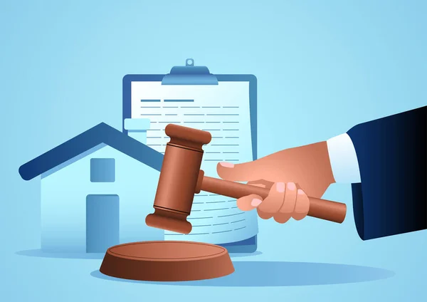 Hand Holding Gavel Justice Hammer House Icon Background Real Estate — Stock vektor