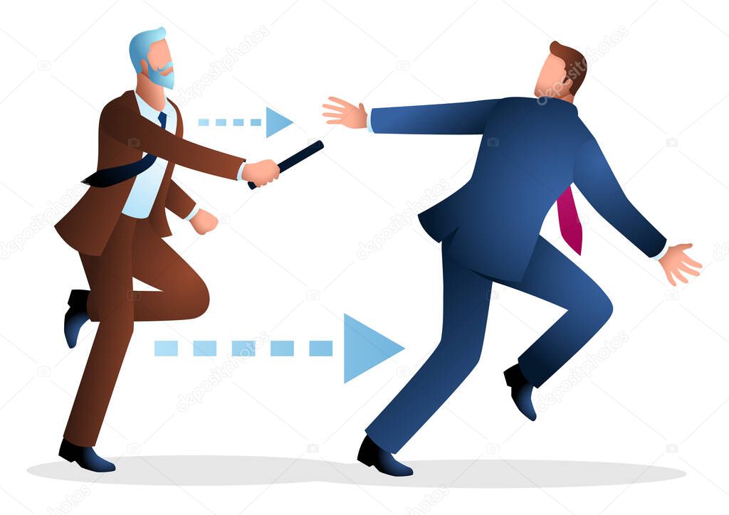 Older businessman passing baton to younger businessman in relay race, regeneration, teamwork, vector illustration