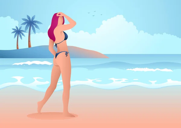 Vector Illustration Beautiful Woman Blue Bikini Posing Beach — стоковый вектор