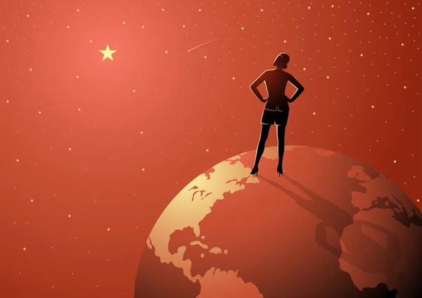 Woman Stands Globe Looking Vast Universe Determination Inspiration Global Network — Stockvektor