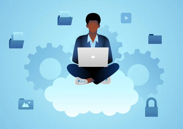 Black Man Working Laptop Clouds Remote Work Cloud Computing Online — Stockvektor
