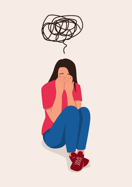 Simple flat vector illustration of depression young woman sit on floor with scribble symbol on her