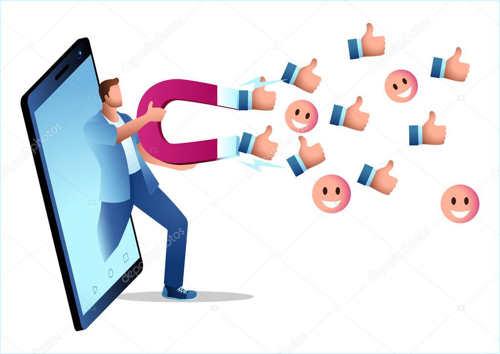 Man comes out of the phone with a giant magnet to attract like icons and smile emoticons, attracting more visitors, social media traffic, vector illustration