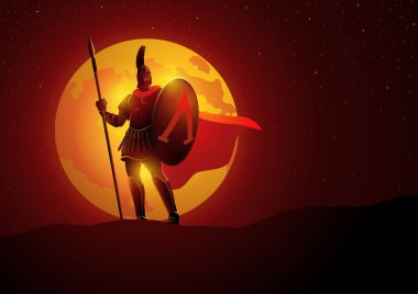 Vector illustration of Spartan warrior with his shield and spear standing gallantly against full moon